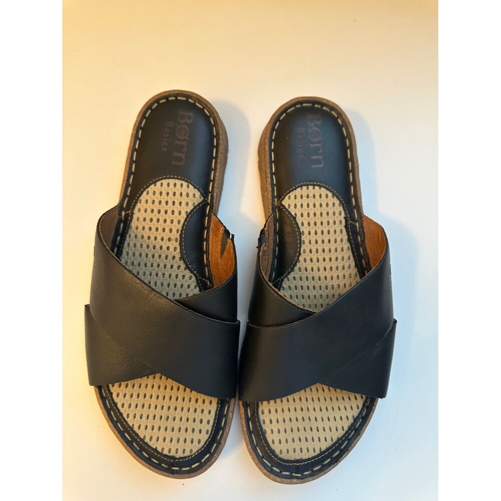 Born Black Leather Crossover Comfort Slide Sandals Size 7